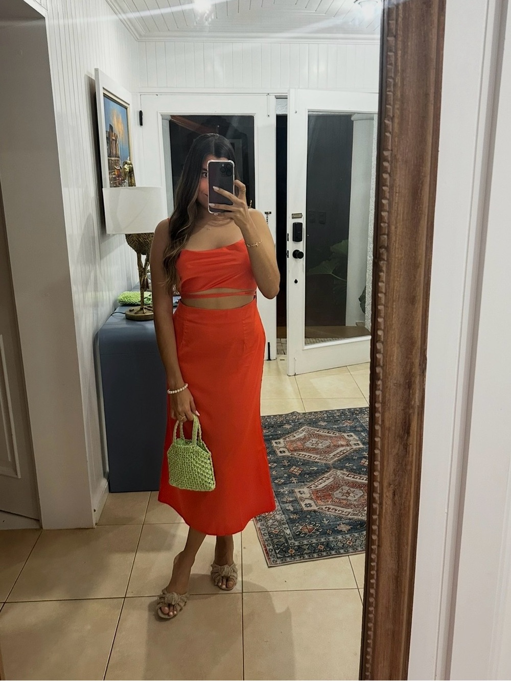 Burnt Orange Satin Cutout Midi Dress | Summer Wedding Guest Dress
